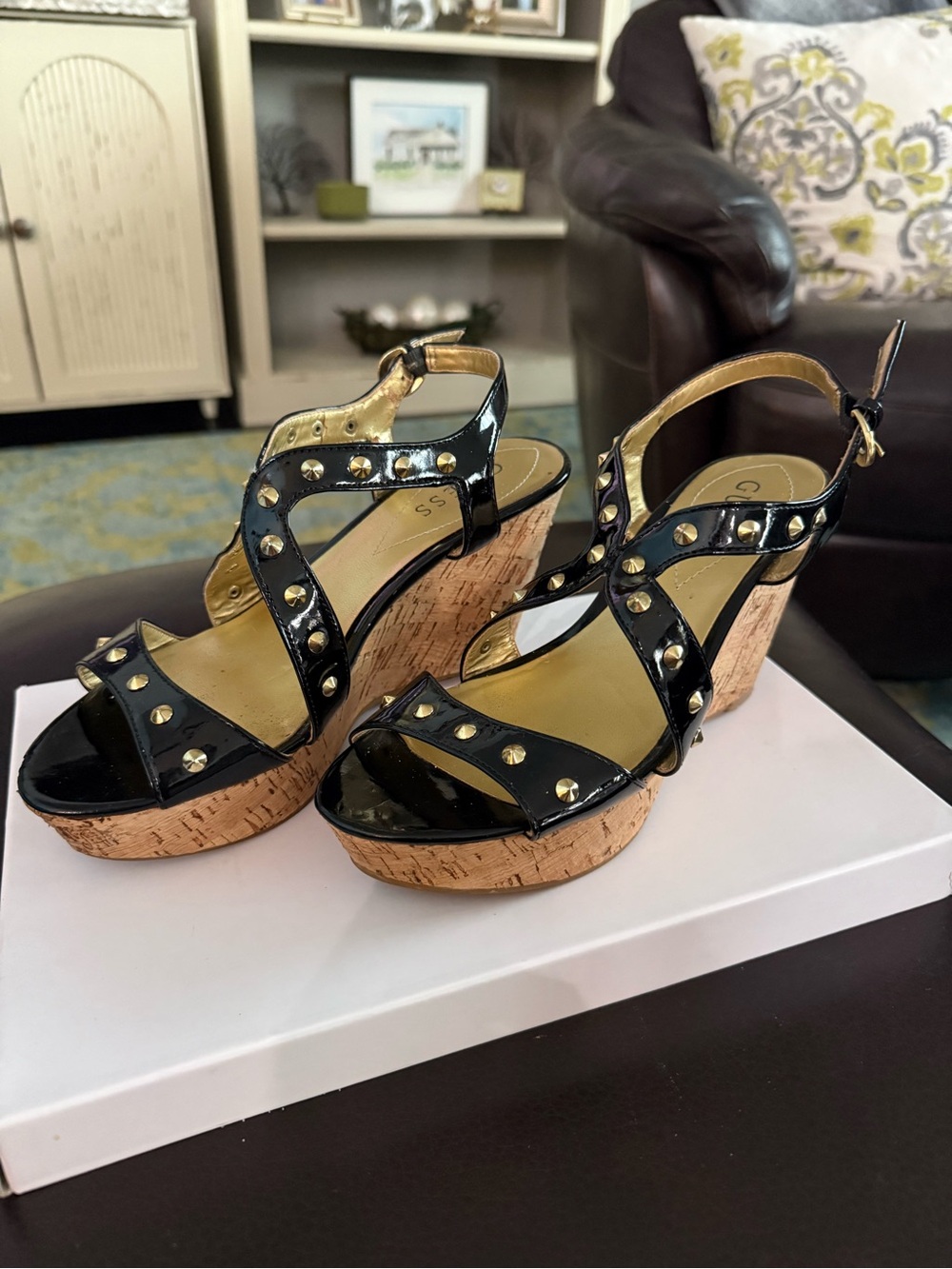 Guess Black Patent Studded Cork Wedge Sandals